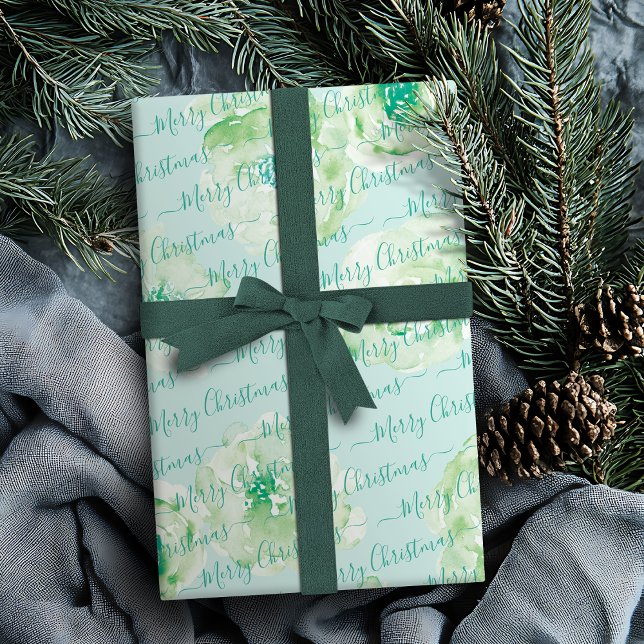 Papel De Regalo Floral verde de navidad personalizada de merry nav (Green Personalized Merry Christmas Script Floral Wrapping Paper)