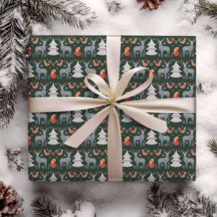 Papel De Regalo Floral verde nórdica de árbol de Navidad