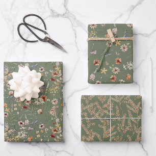 Papel de regalo floral verde salvia