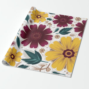 Papel De Regalo Floral vibrante amarilla y borgoñona