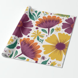 Papel De Regalo Floral vibrante con flores moradas y amarillas