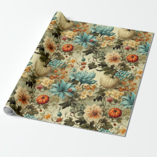 Papel De Regalo Floral Vintage Calabaza Teal País