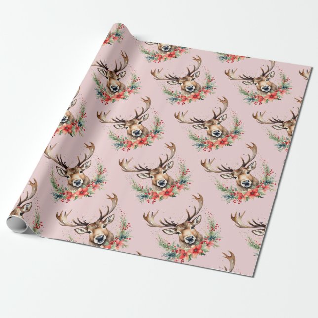 Papel De Regalo Floral Vintage Christmas Reindeer (Desenrollado)