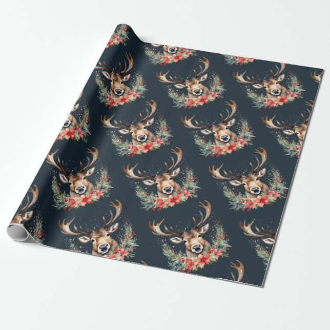Papel De Regalo Floral Vintage Christmas Reindeer (Desenrollado)
