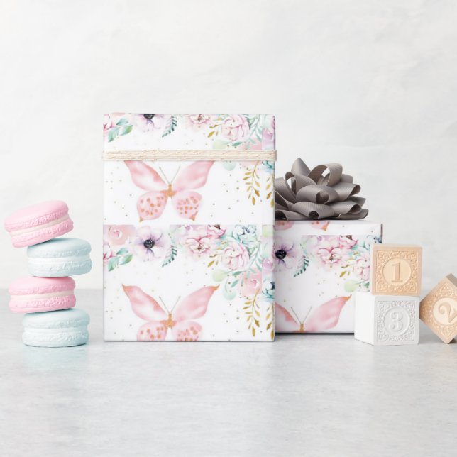 Papel De Regalo Floral y mariposa pastel (Baby Shower)