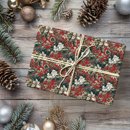 Papel De Regalo Floral y pinecona de Navidades tradicionales rojos