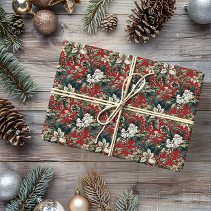 Papel De Regalo Floral y pinecona de Navidades tradicionales rojos