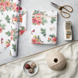 Papel De Regalo Floral y pino romántico   Festividades de navidade