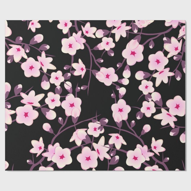 Papel De Regalo Florales Flores de Cerezo Rosadas Negras (Superficie plana)