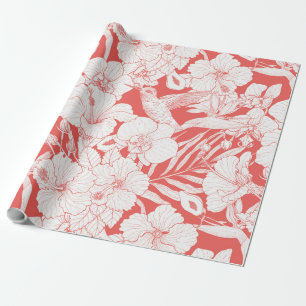 Papel De Regalo Florales tropicales y colibrí en coral y fuera