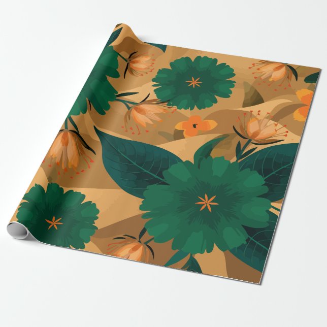 Papel De Regalo Florales verdes y naranjas de fondo dorado (Desenrollado)