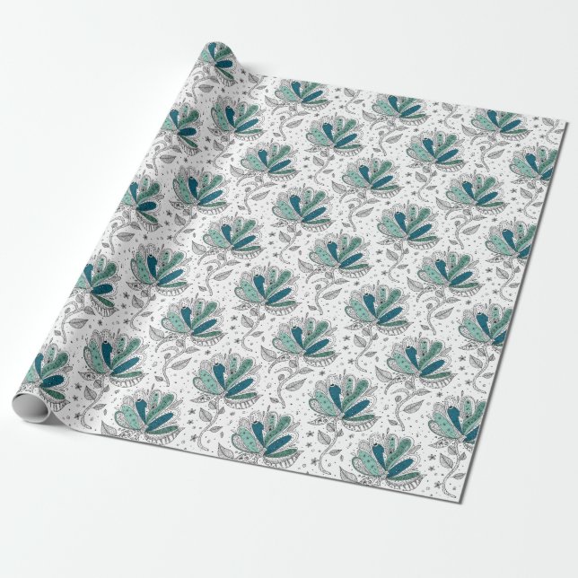 Papel De Regalo Flores abstractas en tonos de verde estilo arte de (Desenrollado)