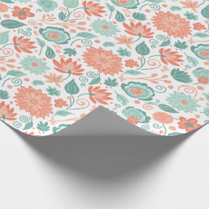 Papel De Regalo Flores abstractas minimalistas de coral y verde