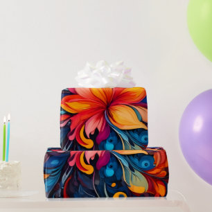 Papel De Regalo Flores Abstractas y Pétalos Psicodélicos en Negrit