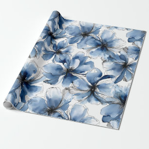 Papel De Regalo Flores abstractos de acuarela azules y blancos
