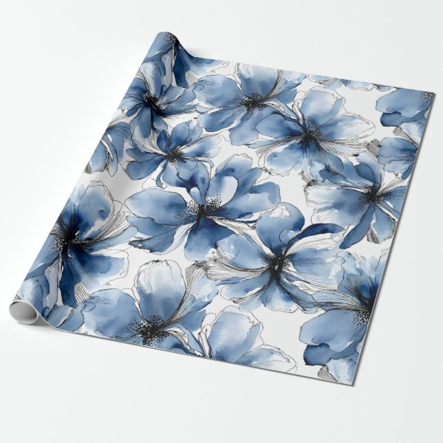 Papel De Regalo Flores abstractos de acuarela azules y blancos (Desenrollado)