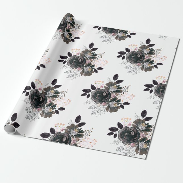 Papel De Regalo Flores acuarelas monocromas estilo bouquet (Desenrollado)