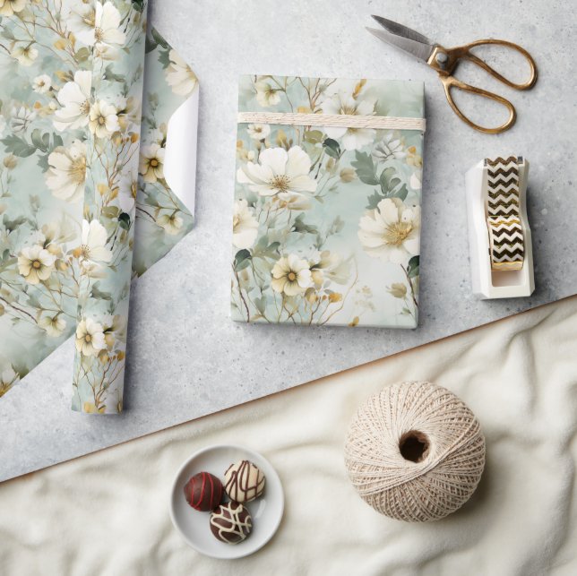 Papel De Regalo Flores acuáticas verdes y blancas silvestres (Artesanía)