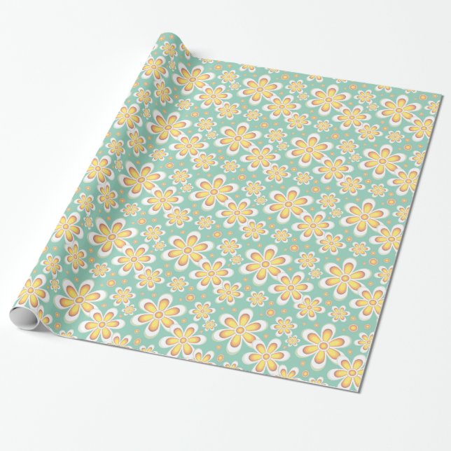 Papel De Regalo Flores Amarillas de Primavera sobre Verde (Desenrollado)