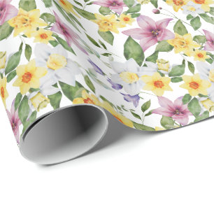 Papel De Regalo Flores Amarillo Purpura Blanco Hojas Verdes 