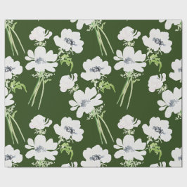 Papel De Regalo Flores anemónicas de color blanco sobre verde