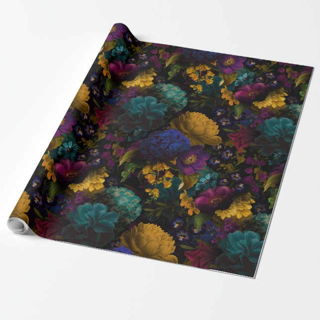 Papel De Regalo Flores antiguas barrocas exuberantes sobre negro (Desenrollado)