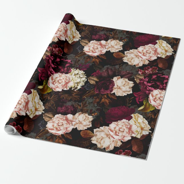 Papel De Regalo Flores antiguas barrocas sobre negro (Desenrollado)