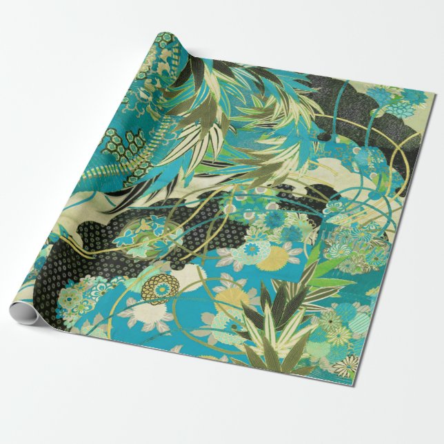 Papel De Regalo FLORES ANTIGUOS JAPONESES Aqua Blue Green Floral (Desenrollado)