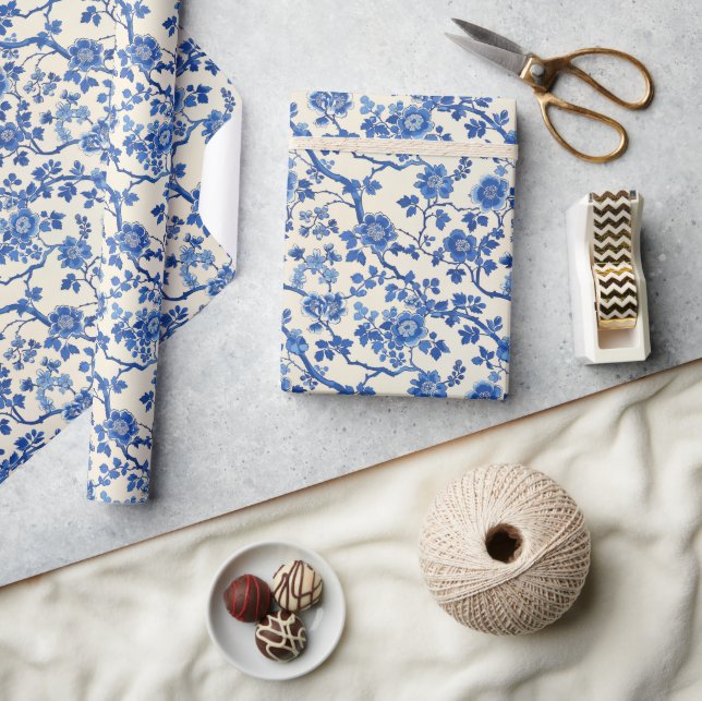 Papel De Regalo Flores azul acuático Chinoiserie jardín de primave (Artesanía)