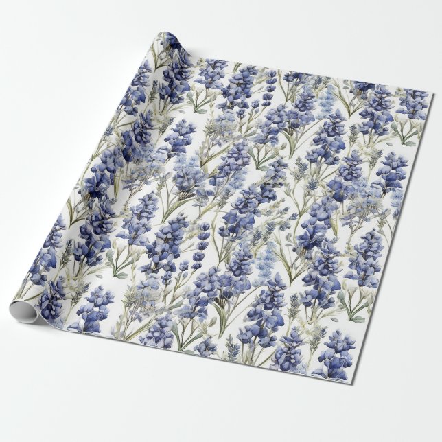 Papel De Regalo Flores azul Flores azul acuarela Flores salvajes (Desenrollado)