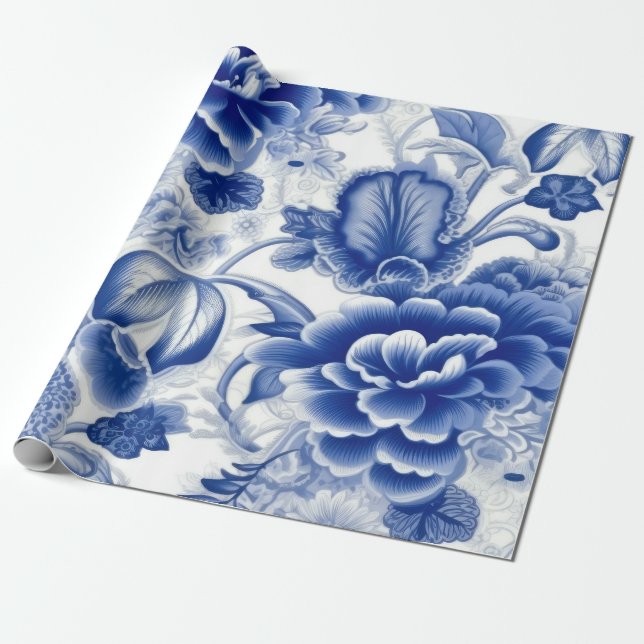 Papel De Regalo Flores azul índigo (Desenrollado)
