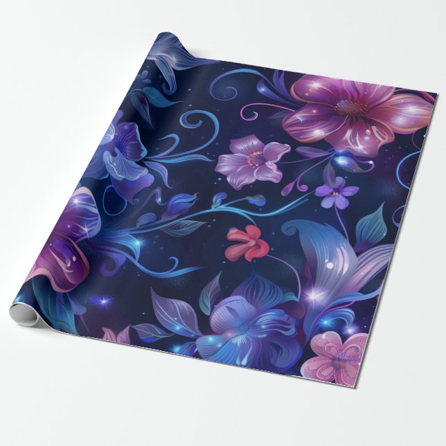 Papel De Regalo Flores azul y rosa medianoche (Desenrollado)