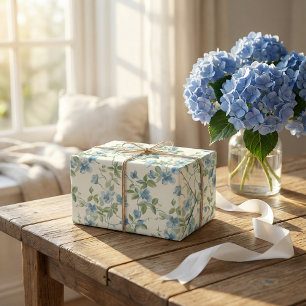 Papel De Regalo Flores azul y verde acuarela en blanco
