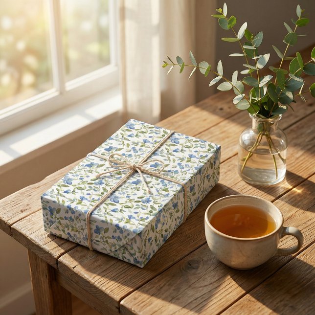 Papel De Regalo Flores azul y verde acuarela en blanco (Subido por el creador)