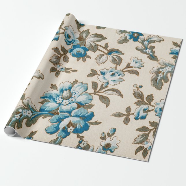 Papel De Regalo Flores azules antiguas Beige botánico floral (Desenrollado)