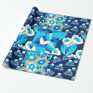 PAPEL DE REGALO FLORES AZULES DE HAWAII BLANCOS PATCHWORK FLORAL N