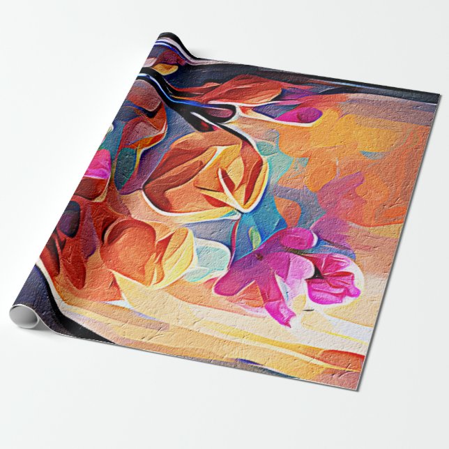 Papel De Regalo Flores azules rojas Naranja de arte Abstracto flor (Desenrollado)