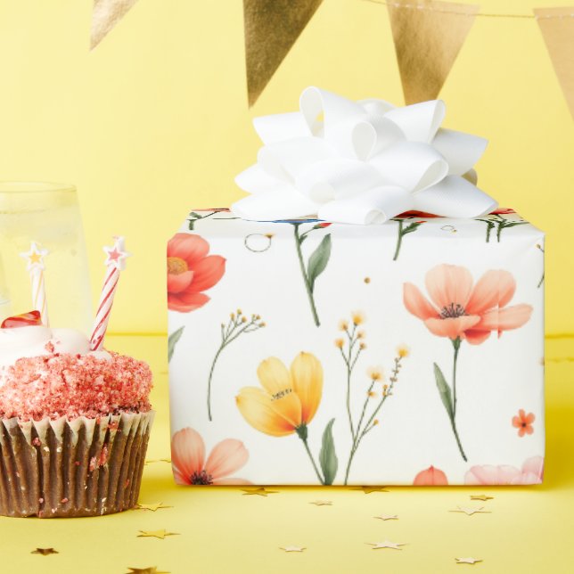 Papel De Regalo Flores Azules Rojas y Rosadas (Fiesta de cumpleaños )