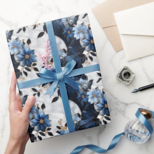 Papel De Regalo Flores Azules sobre Mármol