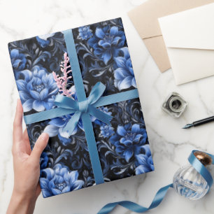 Papel De Regalo Flores Azules sobre Negro 