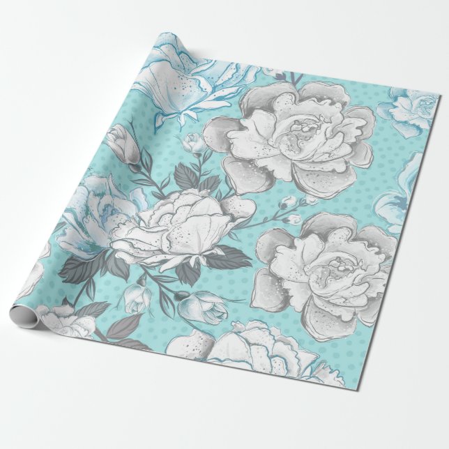 PAPEL DE REGALO FLORES AZULES Y GRIS PASTEL (Desenrollado)
