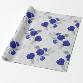 Papel De Regalo Flores azules y hojas grises en blanco