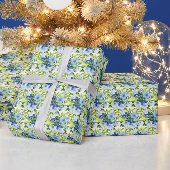 Papel De Regalo Flores azules y navy con follaje (Vacaciones)