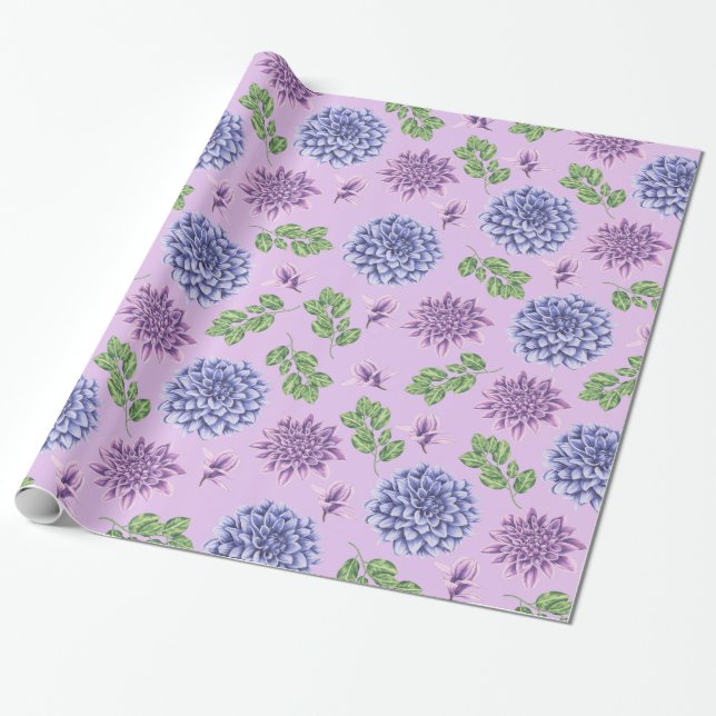 Papel De Regalo Flores azules y púrpuras sobre lavanda (Desenrollado)