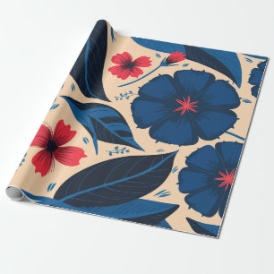 Papel De Regalo Flores azules y rojas, con hojas azules oscuras