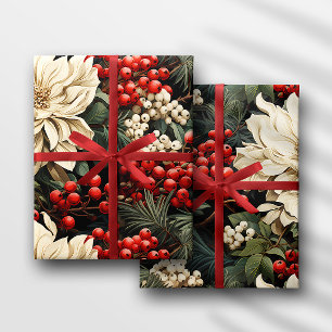 Papel De Regalo Flores, Bayas y Hojas Negritas de Navidad/Fiestas