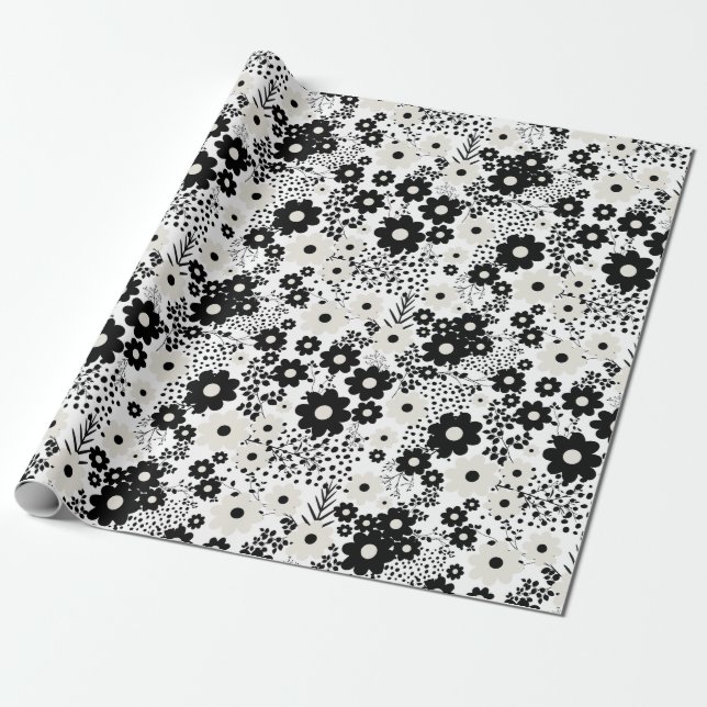 Papel De Regalo Flores beige y negra (Desenrollado)