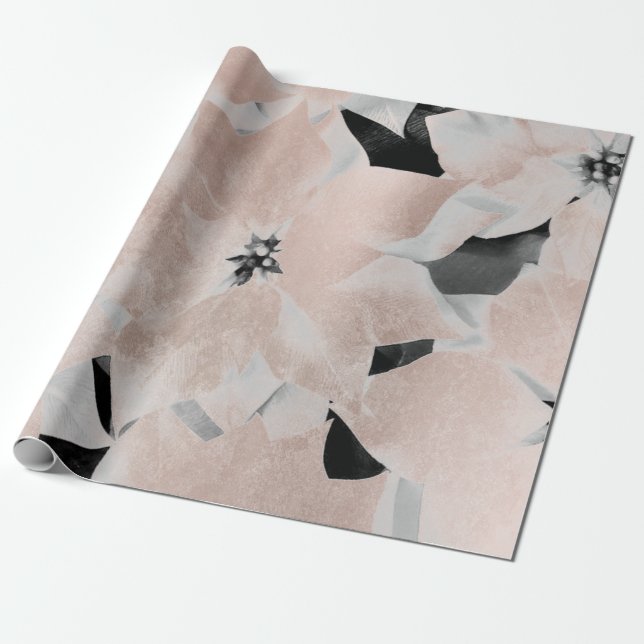 Papel De Regalo Flores Black White Faux Gold Rubor Metallic Pink (Desenrollado)