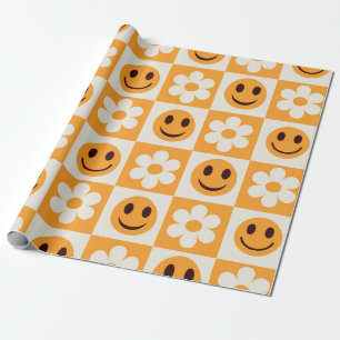 Papel De Regalo Flores blancas a cuadros y caras Felices naranjas
