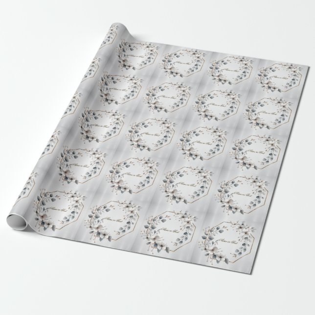 Papel De Regalo Flores blancas acuarela marco dorado teal plateado (Desenrollado)